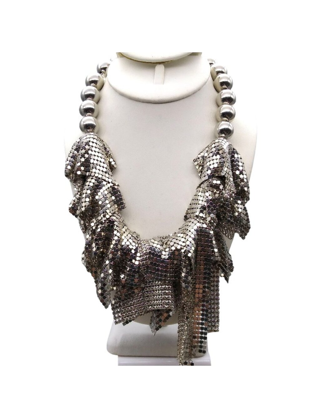Disco Runway Mesh Statement Necklace, Large Silver Tone Beads